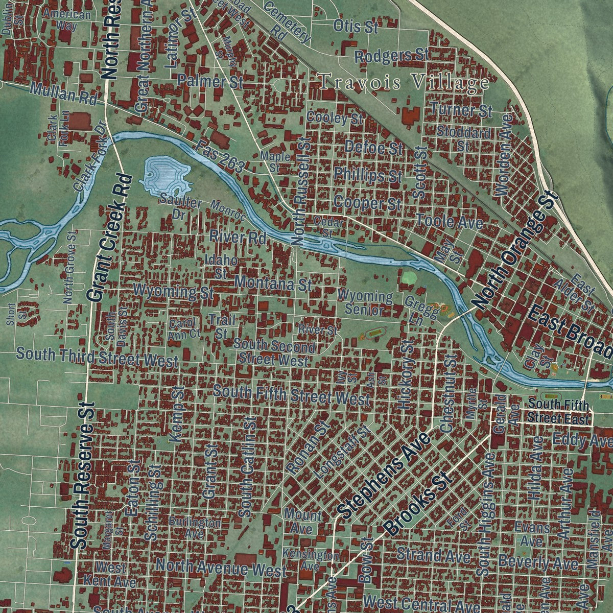 Close-up of the map of Missoula, Montana print showing street and building detail