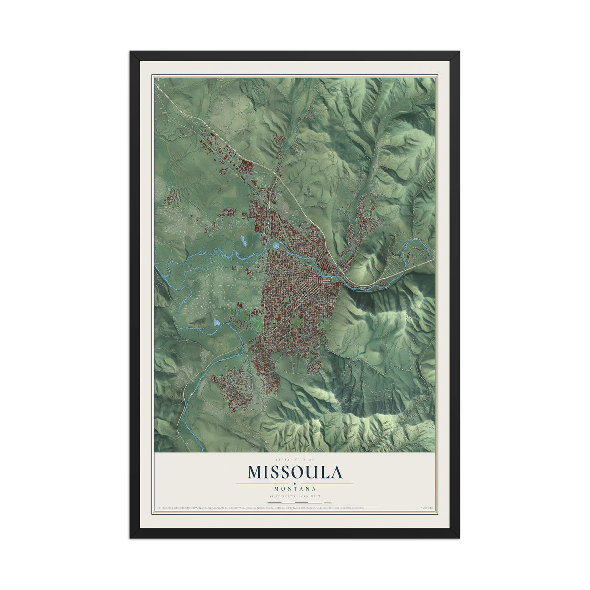 Map of Missoula, Montana, 12 x 18 inch print in a black wood frame