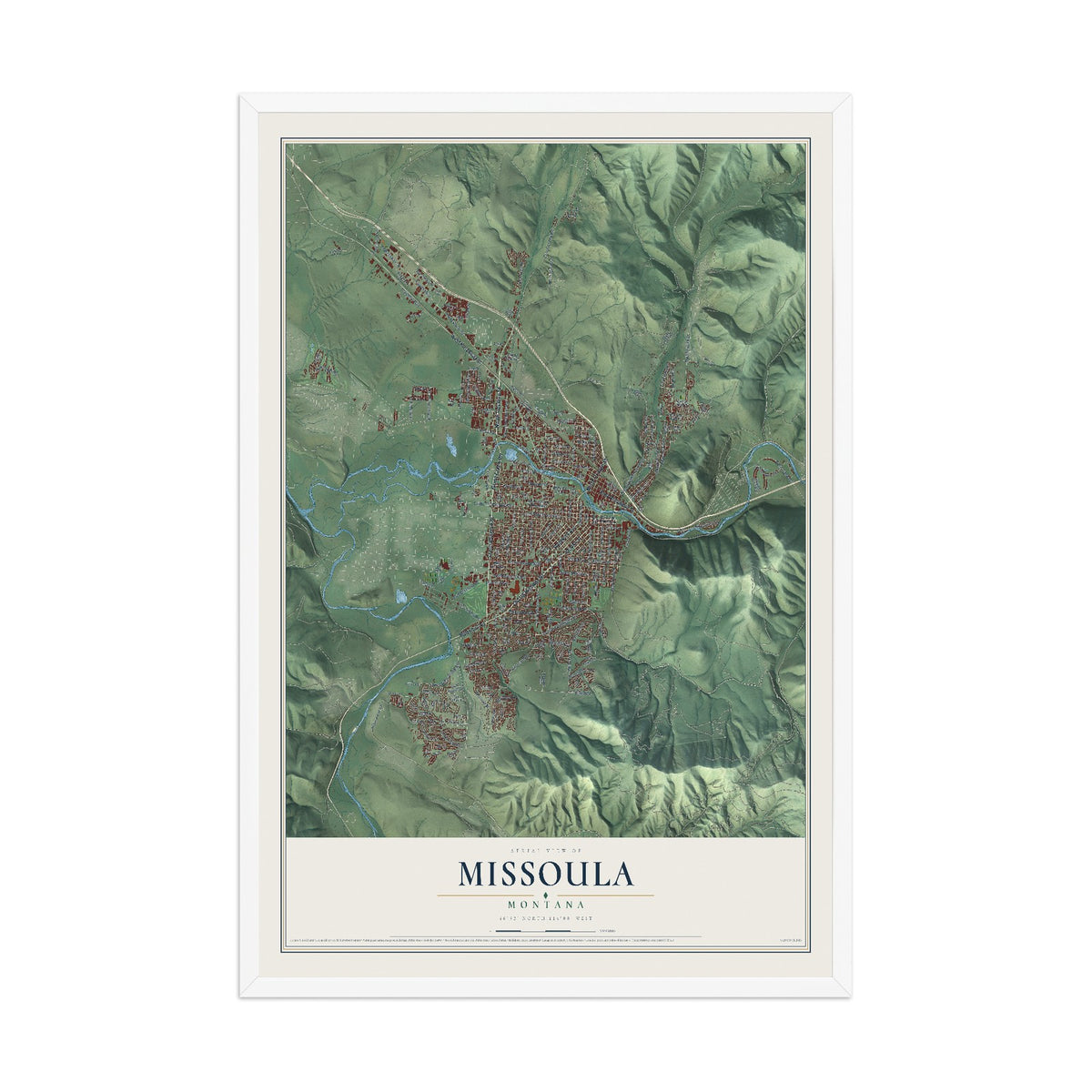 Map of Missoula, Montana, 12 x 18 inch print in a white wood frame