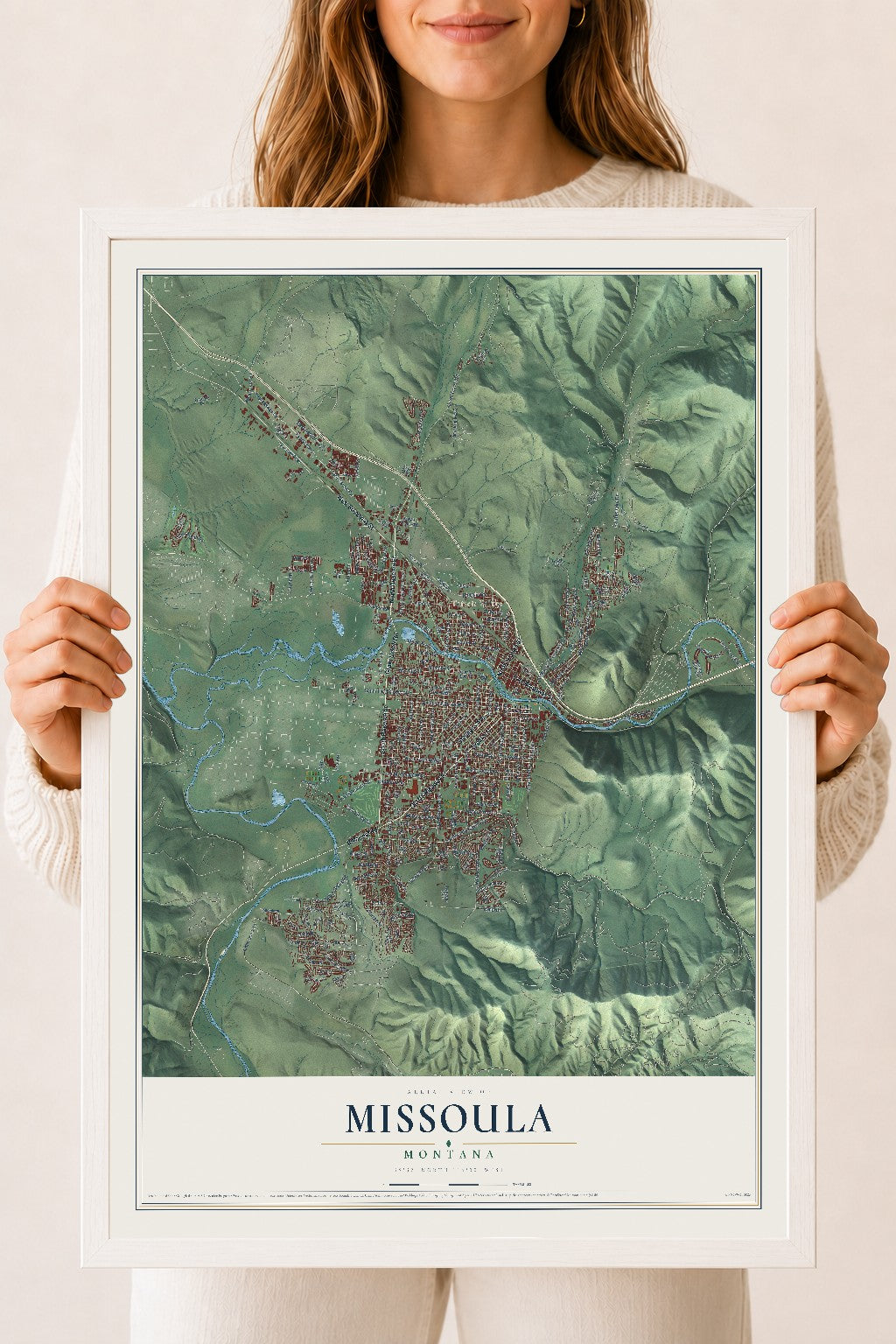 Map of Missoula, Montana, 18 x 24 inch print in a white wood frame