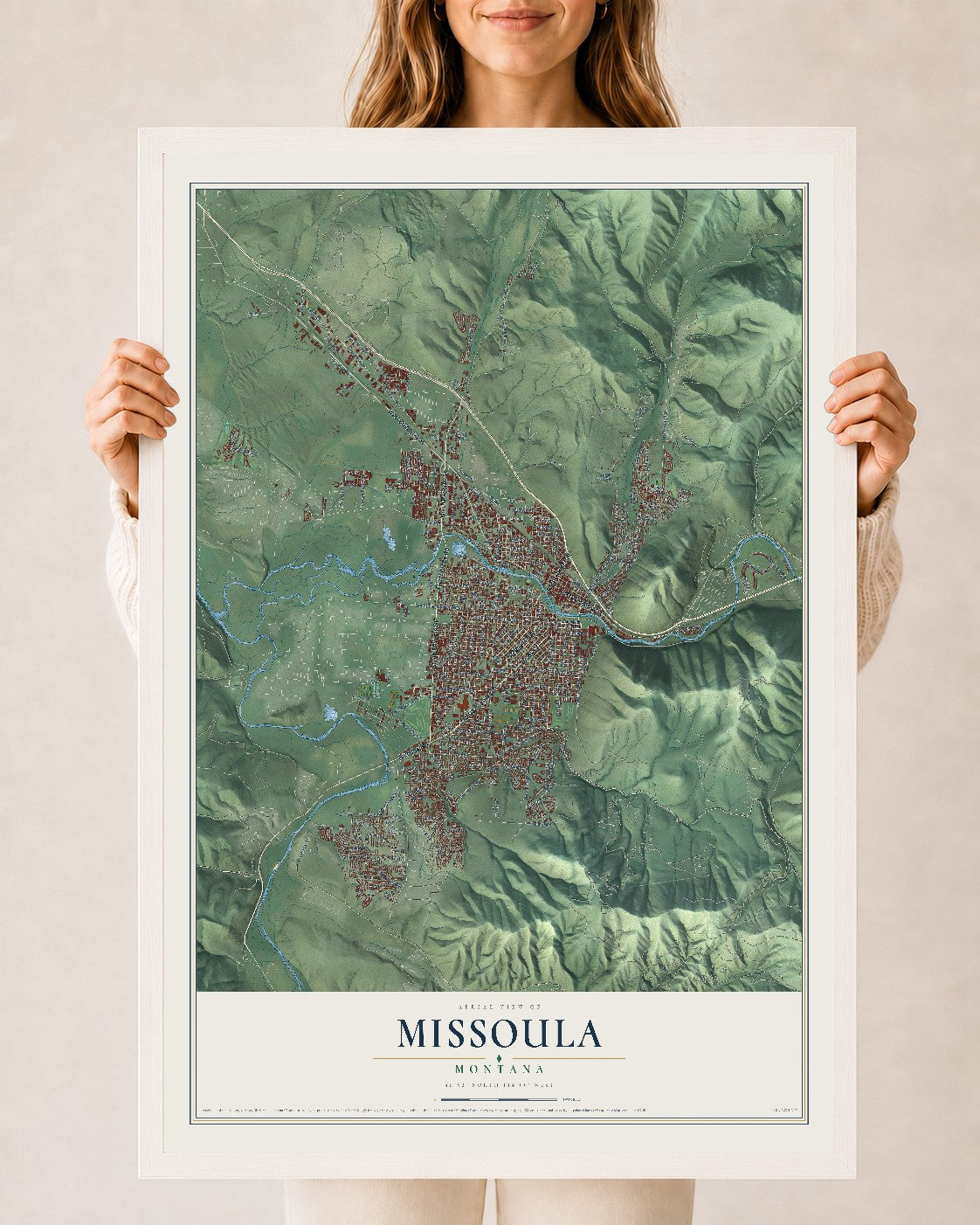 Map of Missoula, Montana, 24 x 36 inch print in a white wood frame