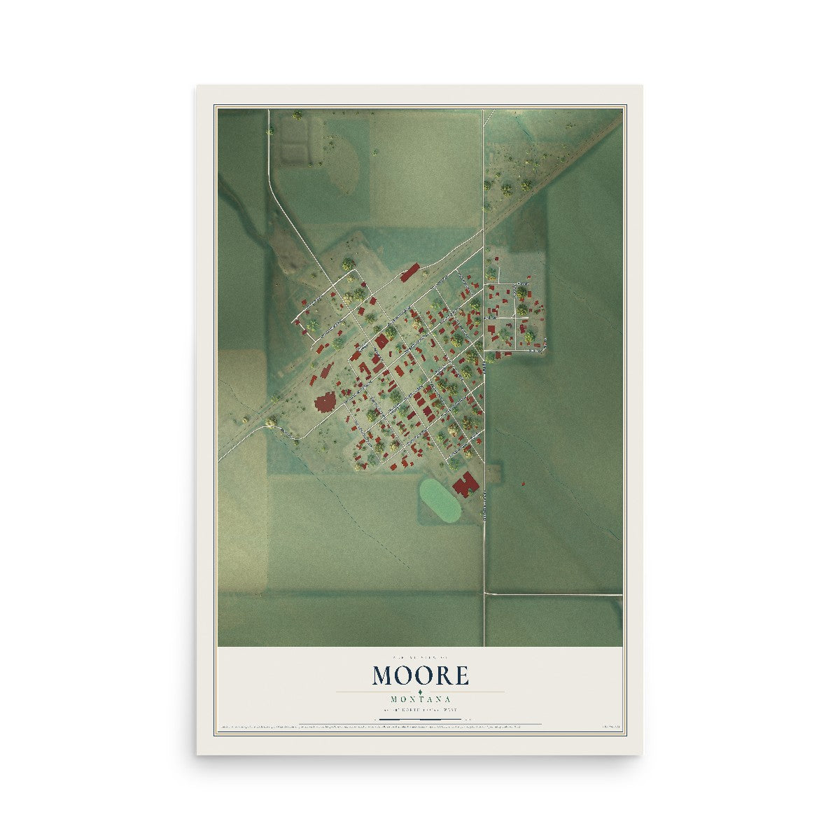 Map of Moore, Montana, 12 x 18 inch unframed archival matte print