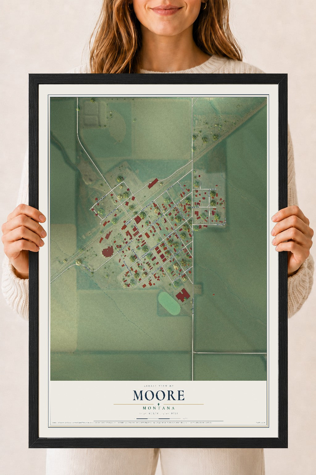 Map of Moore, Montana, 18 x 24 inch print in a black wood frame