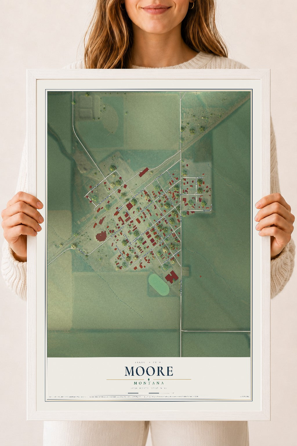 Map of Moore, Montana, 18 x 24 inch print in a white wood frame