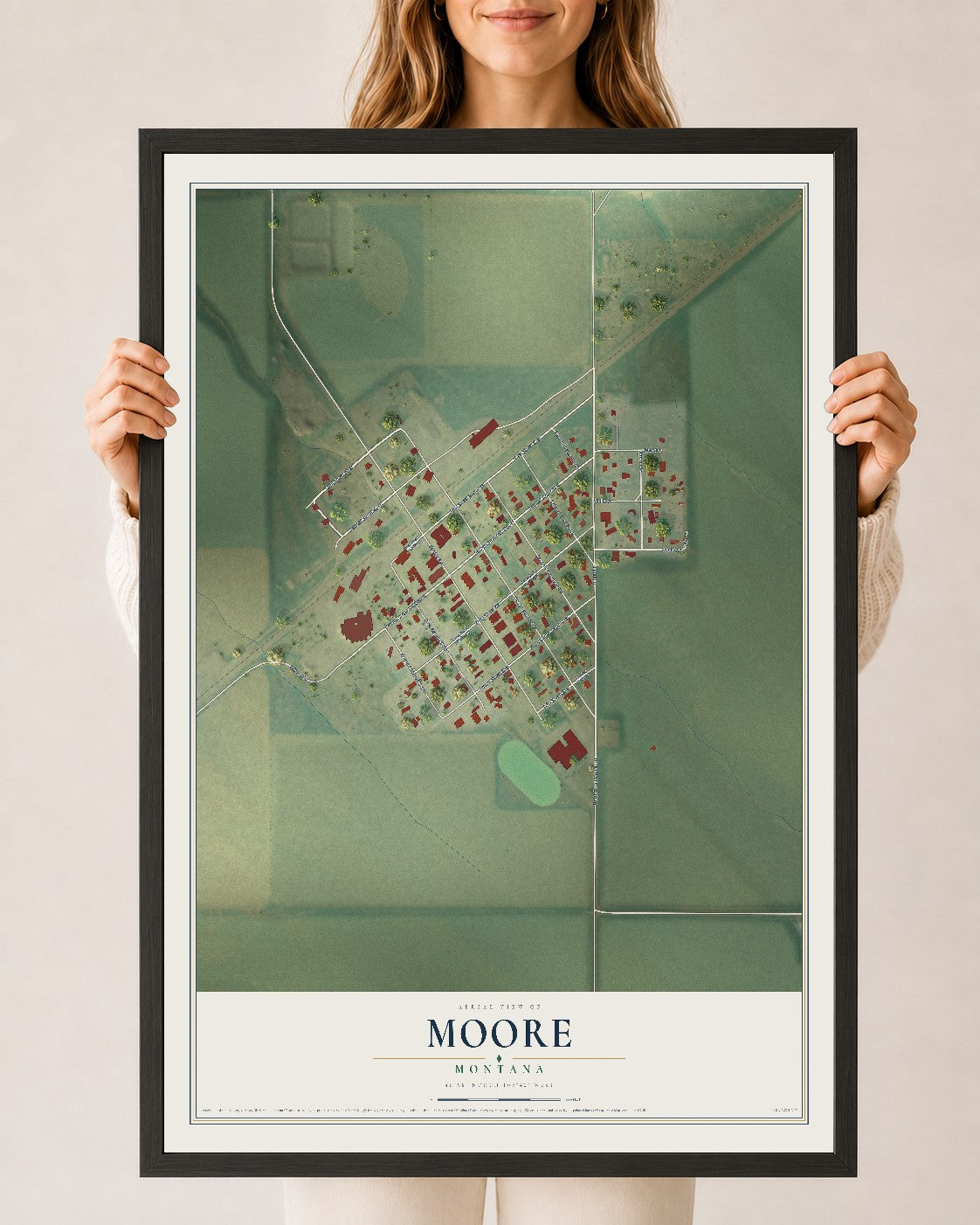 Map of Moore, Montana, 24 x 36 inch print in a black wood frame