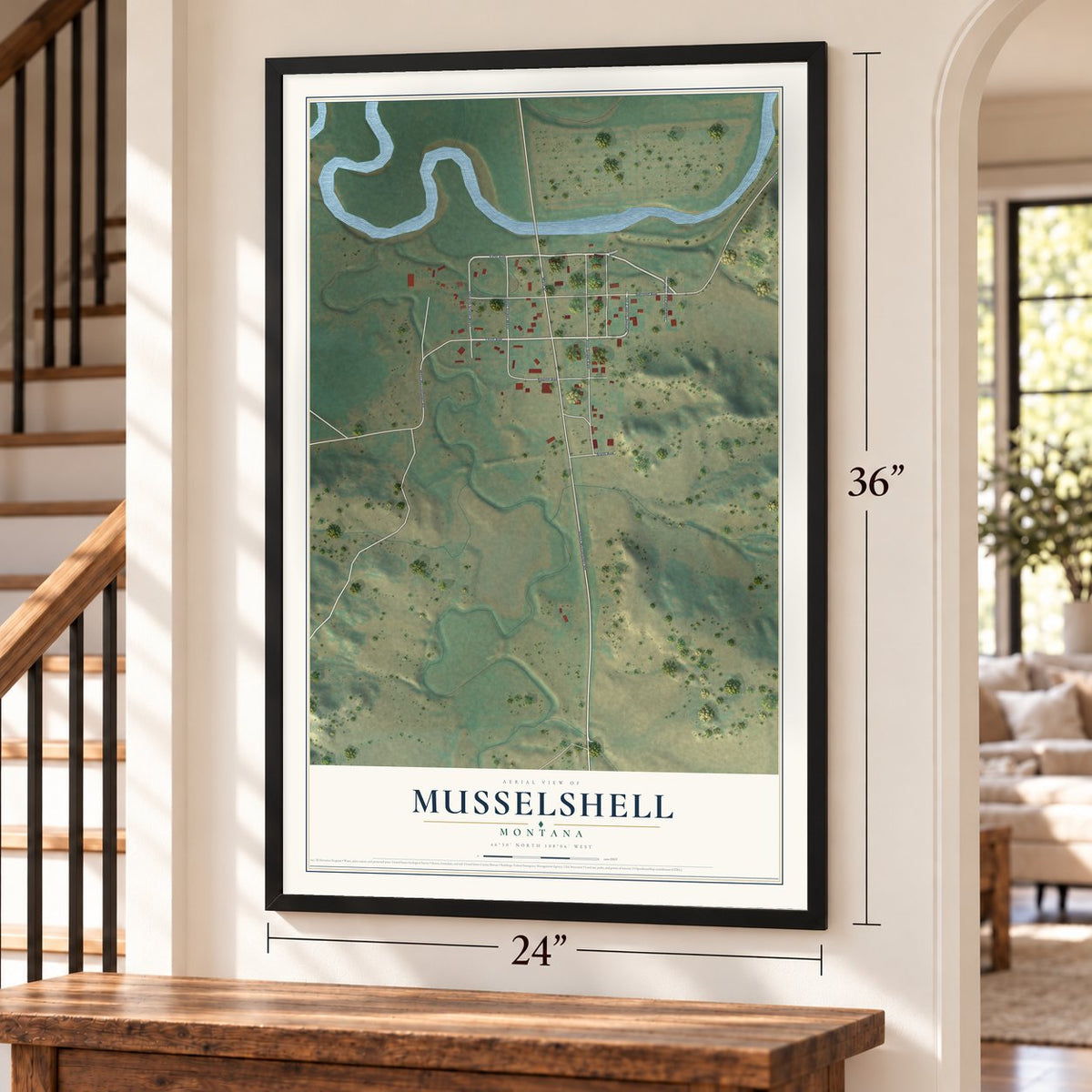 Musselshell, Montana map, 24 x 36 inch print in a black frame by a staircase