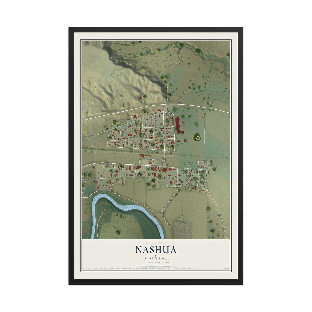 Map of Nashua, Montana, 12 x 18 inch print in a black wood frame