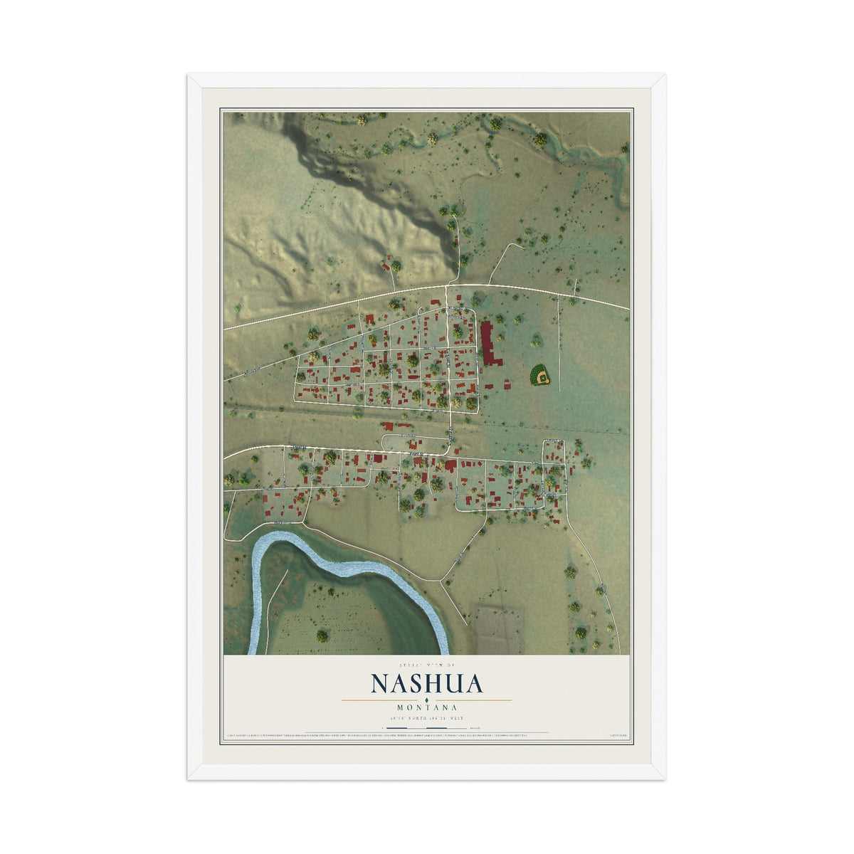 Map of Nashua, Montana, 12 x 18 inch print in a white wood frame