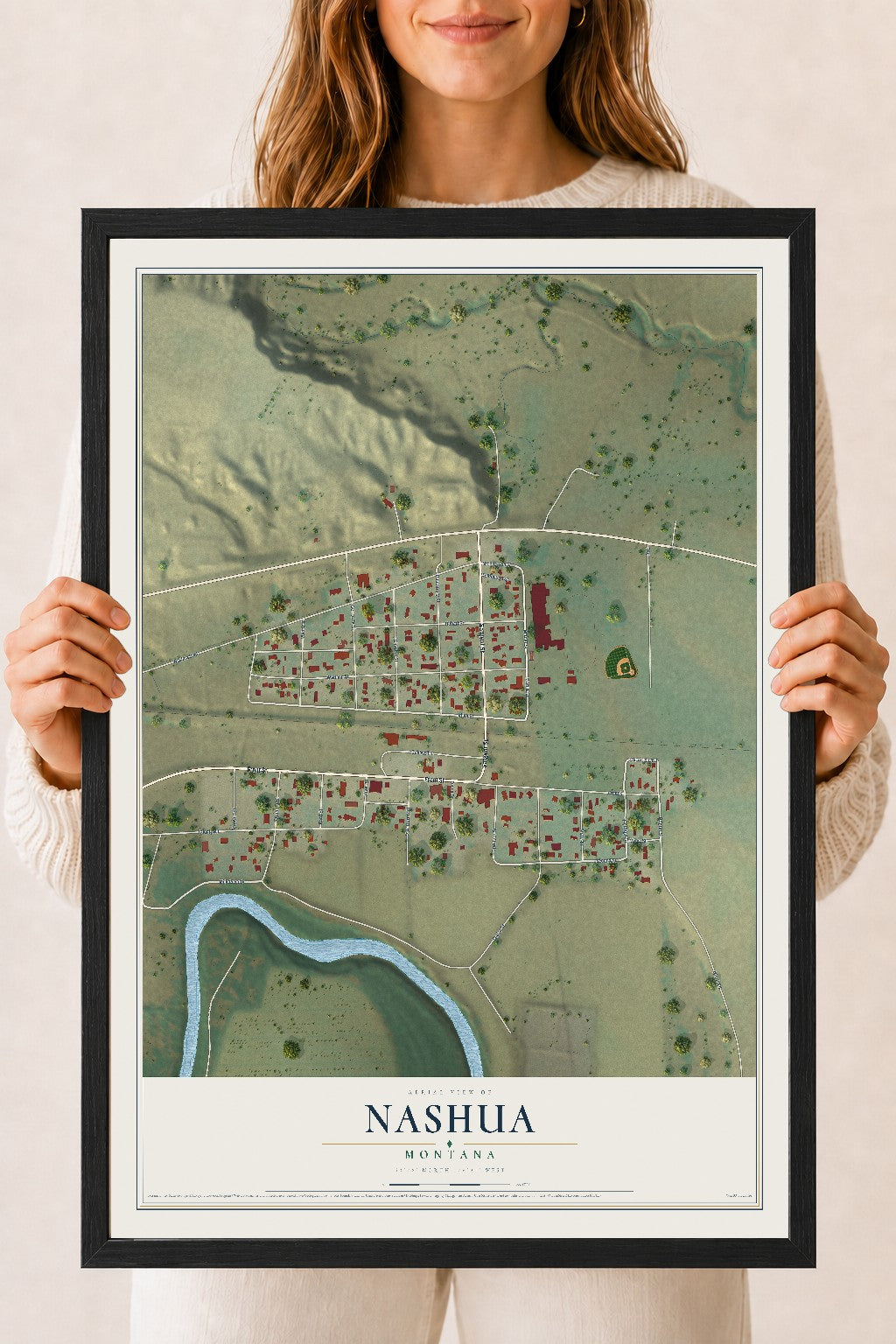 Map of Nashua, Montana, 18 x 24 inch print in a black wood frame