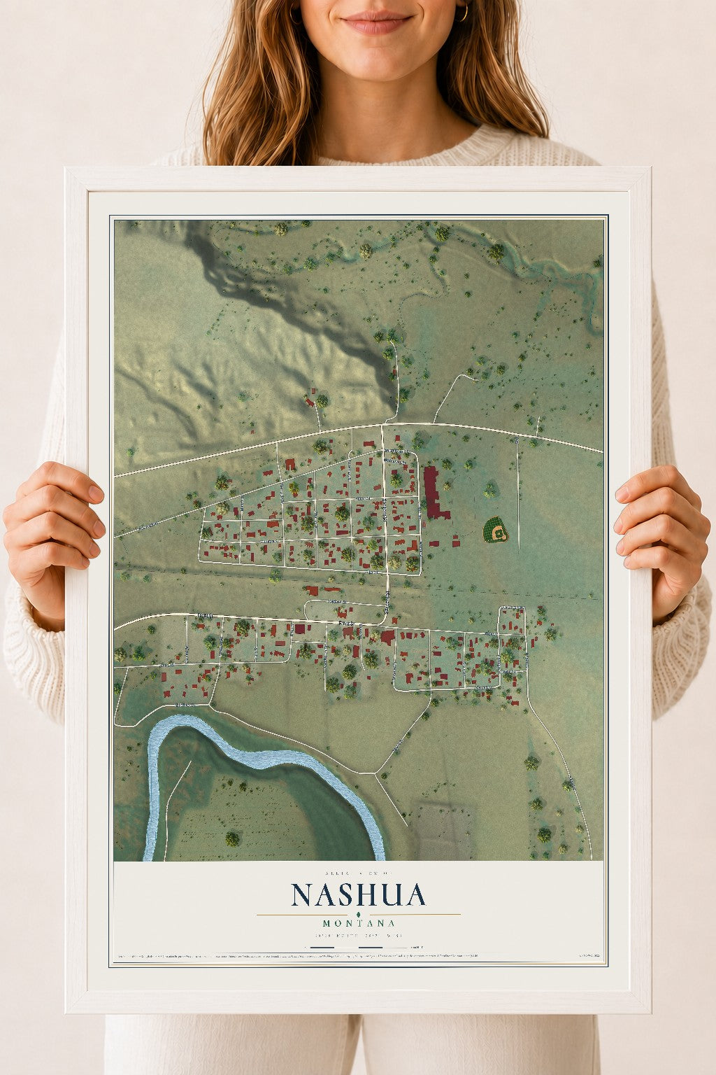 Map of Nashua, Montana, 18 x 24 inch print in a white wood frame
