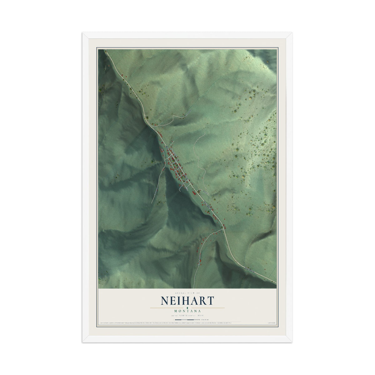 Map of Neihart, Montana, 12 x 18 inch print in a white wood frame