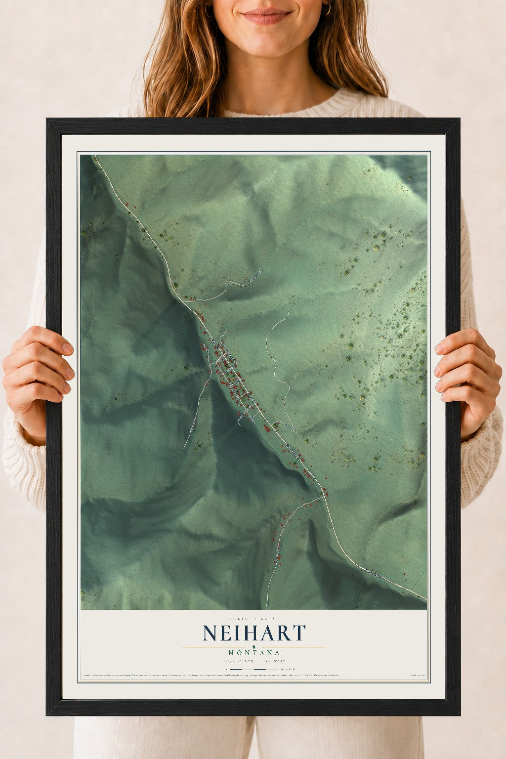 Map of Neihart, Montana, 18 x 24 inch print in a black wood frame
