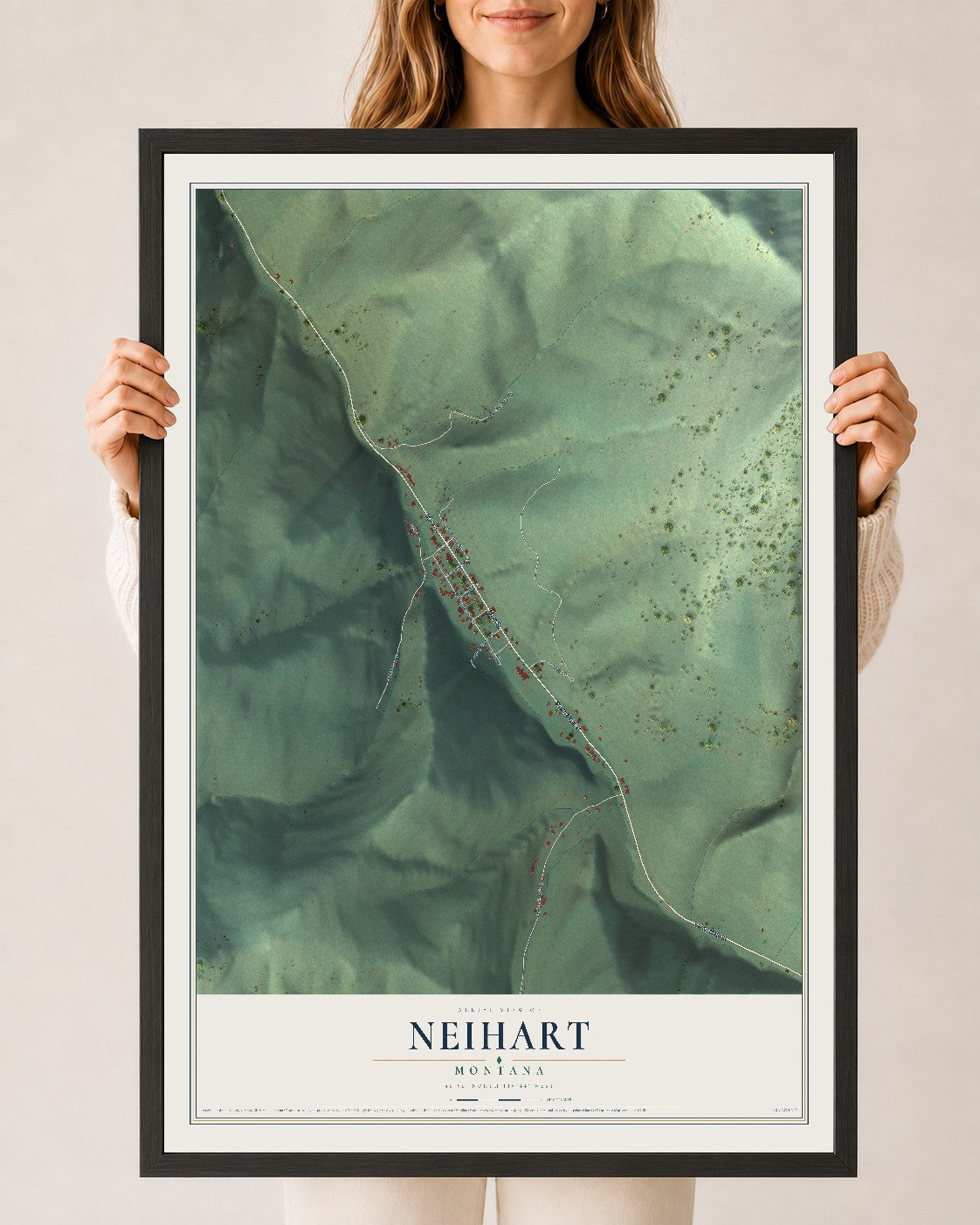 Map of Neihart, Montana, 24 x 36 inch print in a black wood frame
