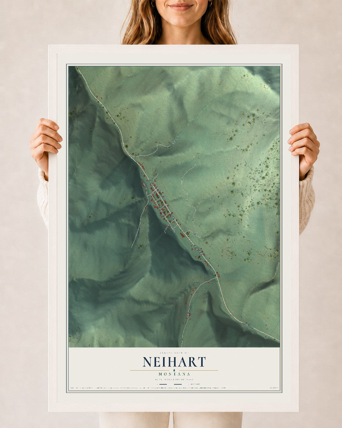 Map of Neihart, Montana, 24 x 36 inch print in a white wood frame