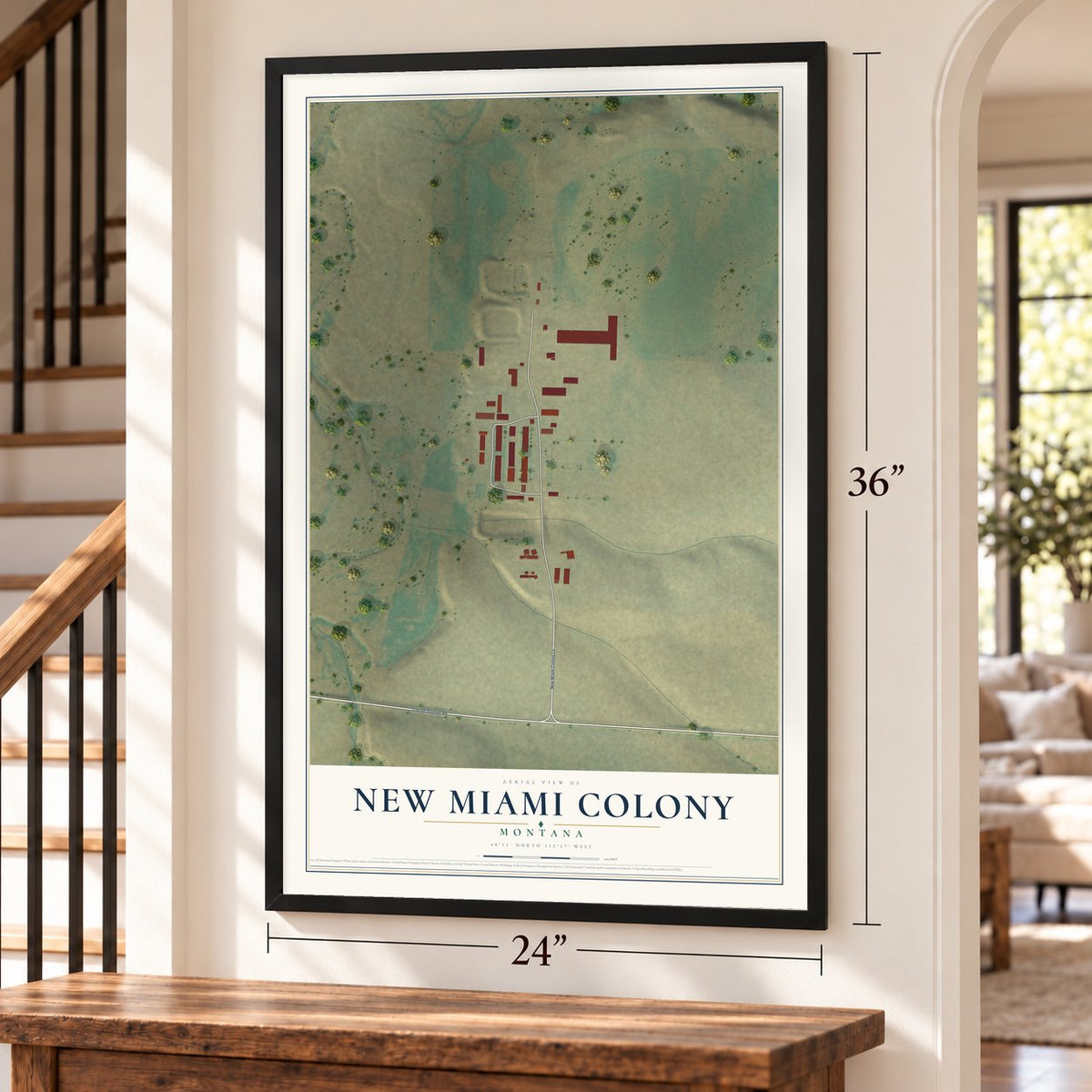 New Miami Colony, Montana map, 24 x 36 inch print in a black frame by a staircase