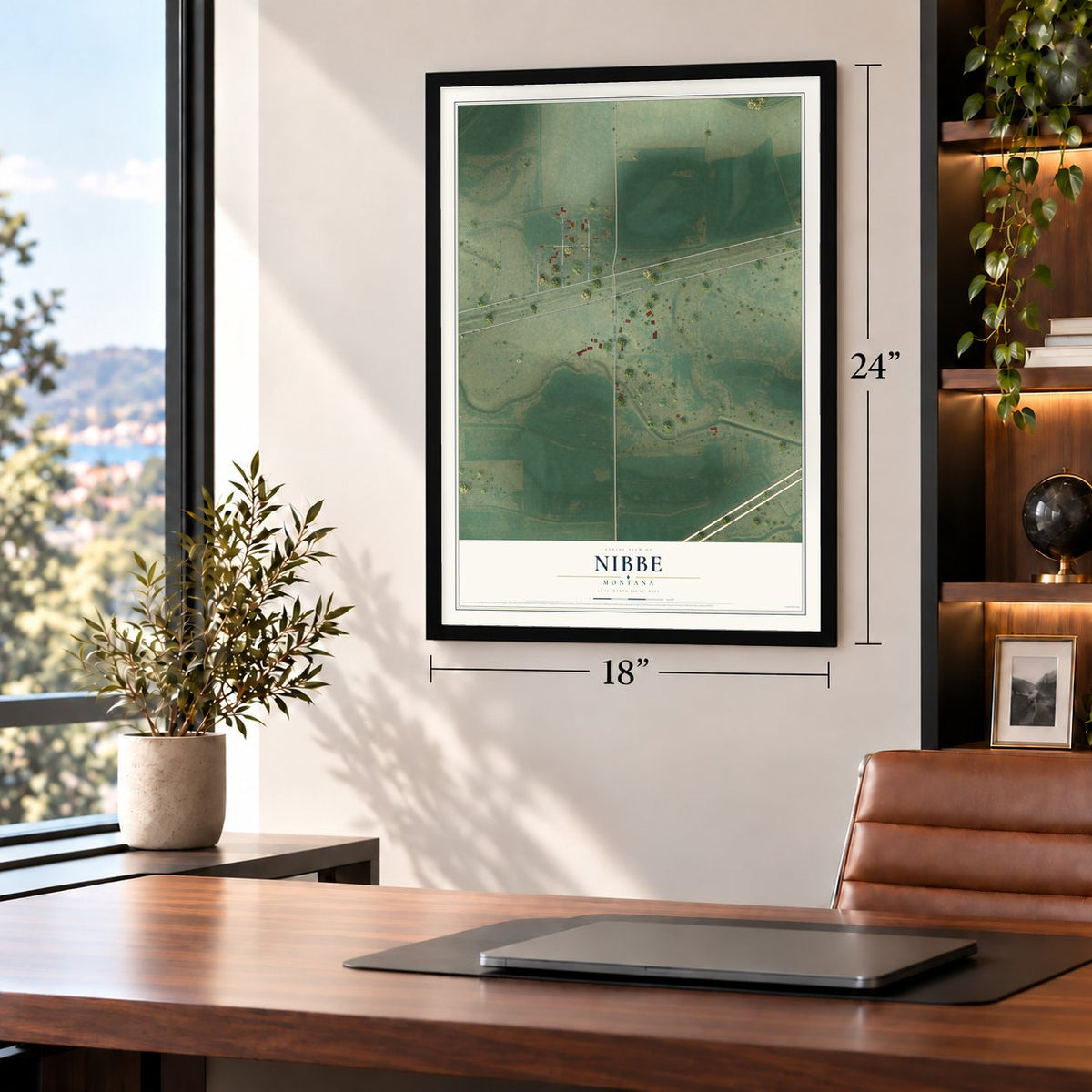 Nibbe, Montana map, 18 x 24 inch print in a black frame in a home office