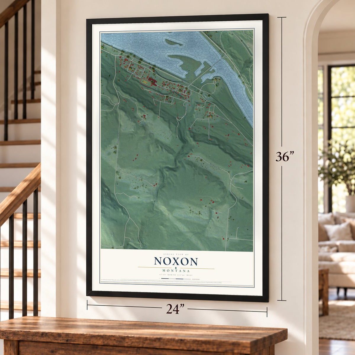 Noxon, Montana map, 24 x 36 inch print in a black frame by a staircase