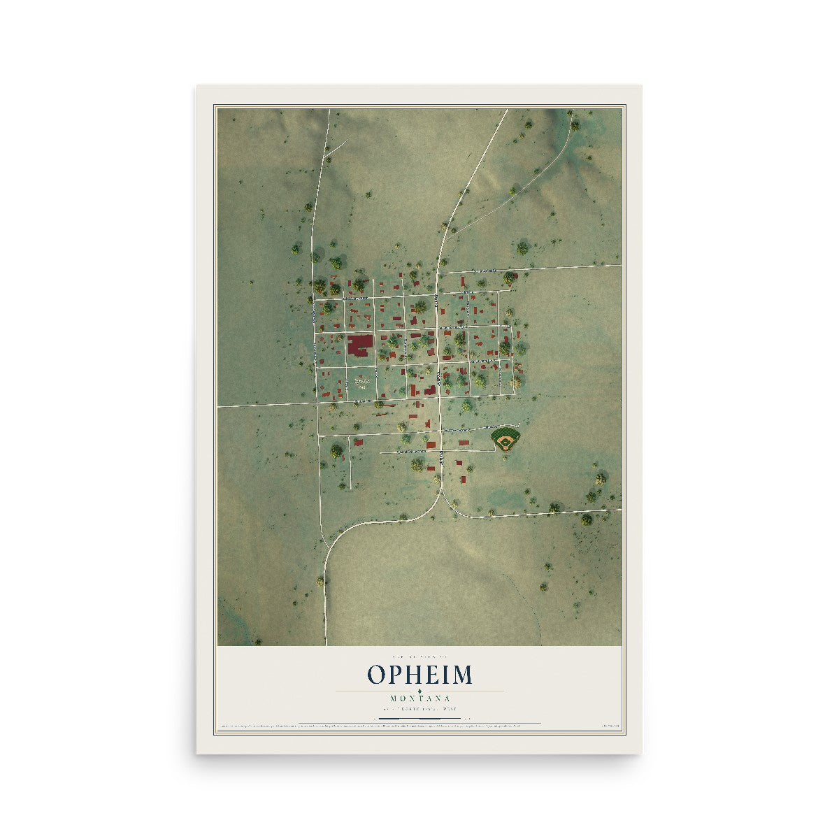 Map of Opheim, Montana, 12 x 18 inch unframed archival matte print
