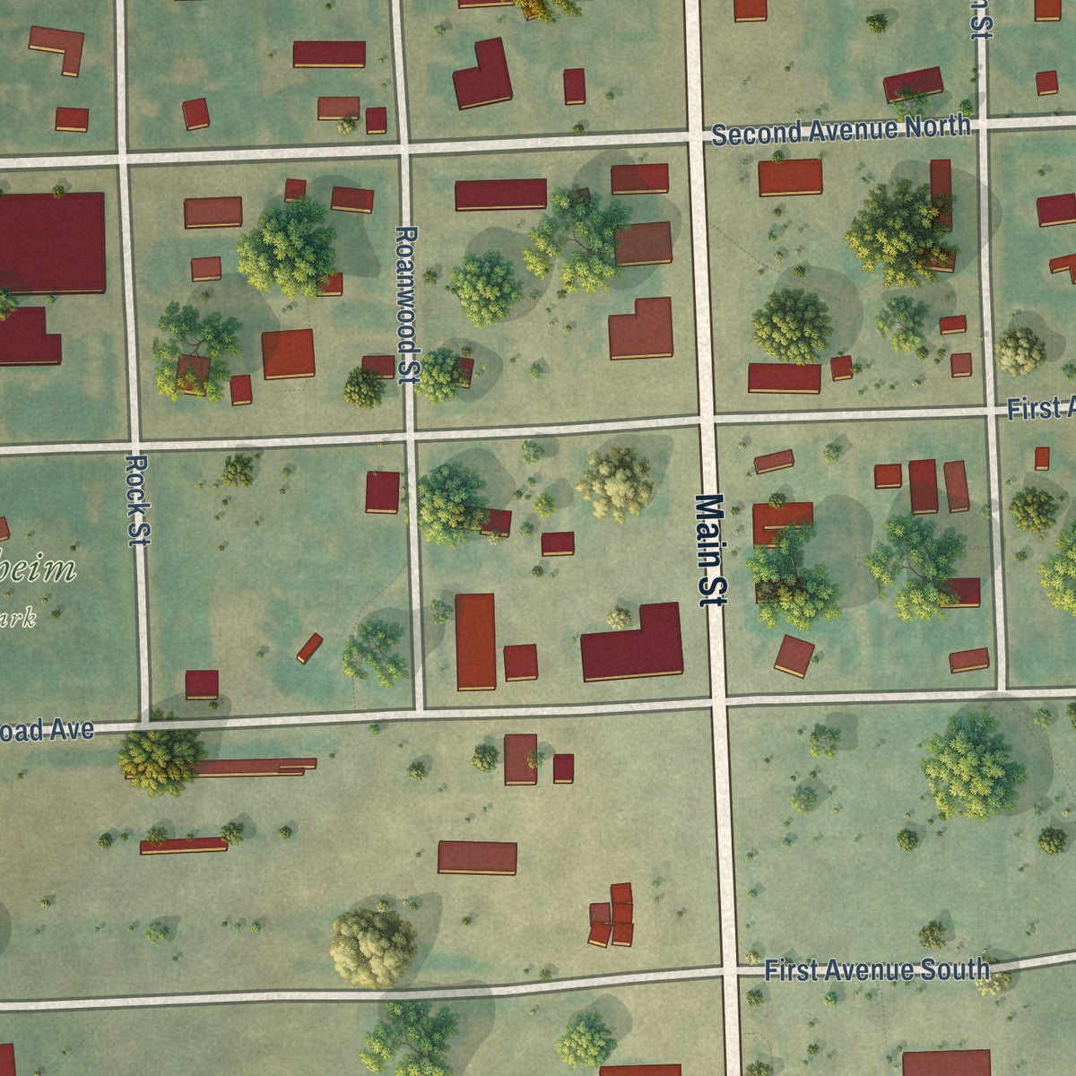 Close-up of the map of Opheim, Montana print showing street and building detail