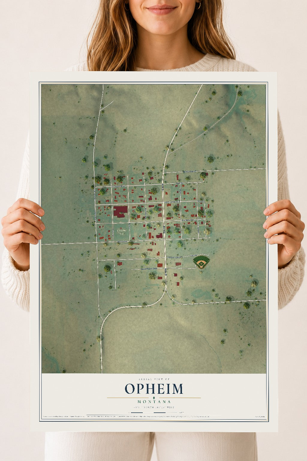 Map of Opheim, Montana, 18 x 24 inch unframed archival matte print