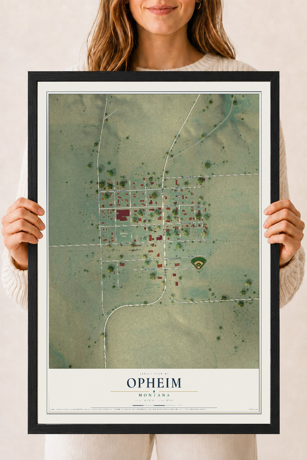 Map of Opheim, Montana, 18 x 24 inch print in a black wood frame