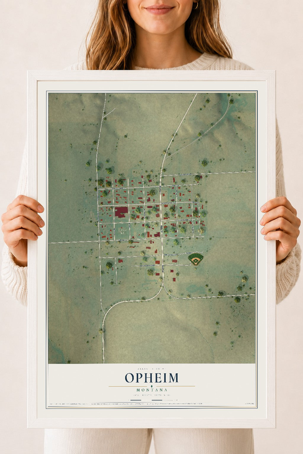 Map of Opheim, Montana, 18 x 24 inch print in a white wood frame
