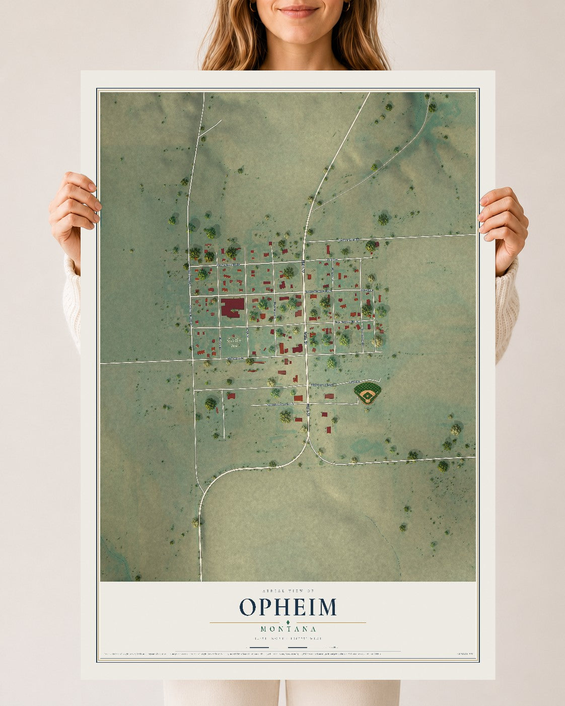 Map of Opheim, Montana, 24 x 36 inch unframed archival matte print