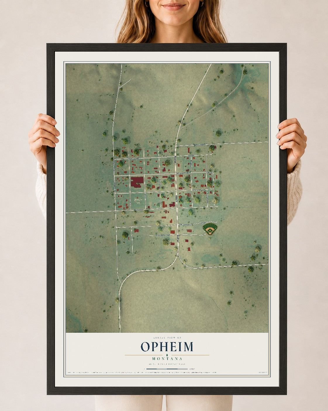Map of Opheim, Montana, 24 x 36 inch print in a black wood frame