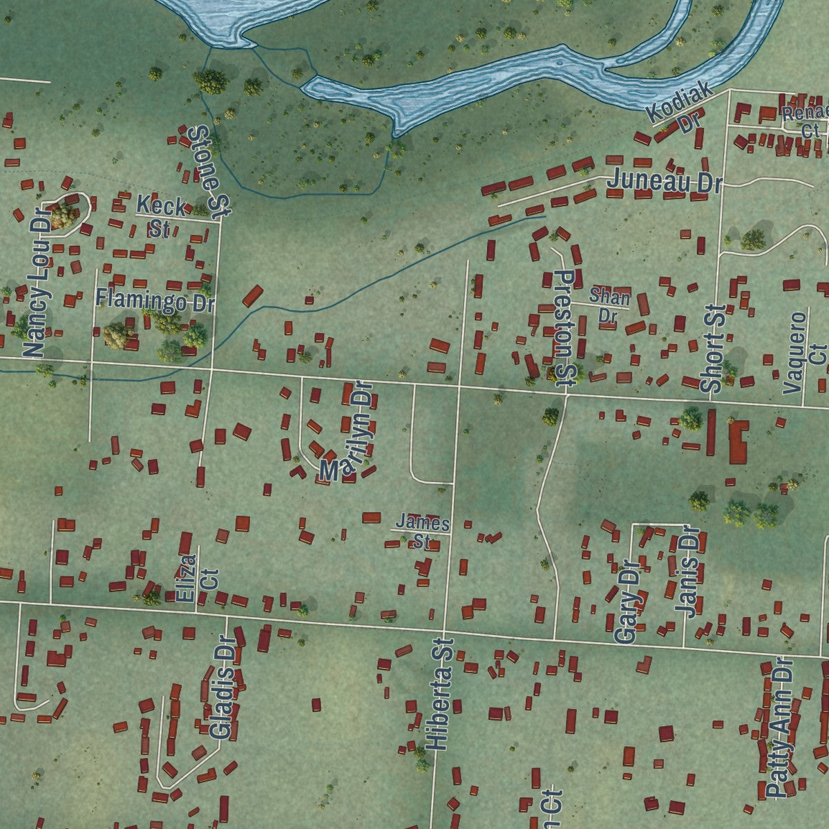 Close-up of the map of Orchard Homes, Montana print showing street and building detail