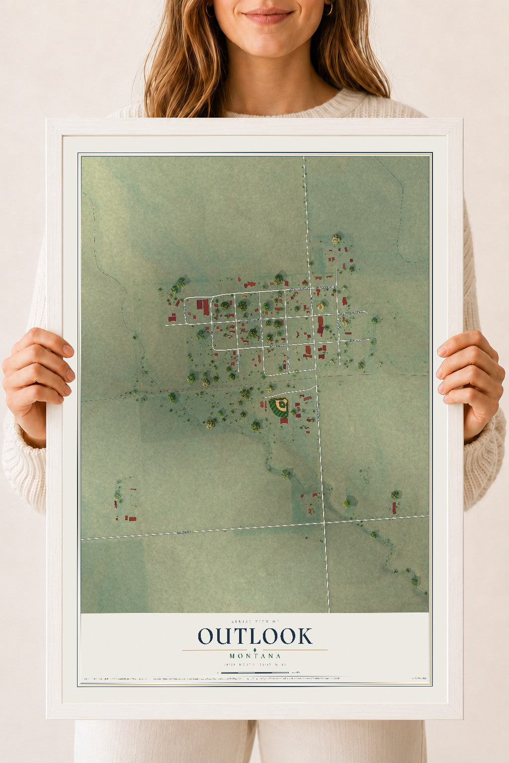 Map of Outlook, Montana, 18 x 24 inch print in a white wood frame