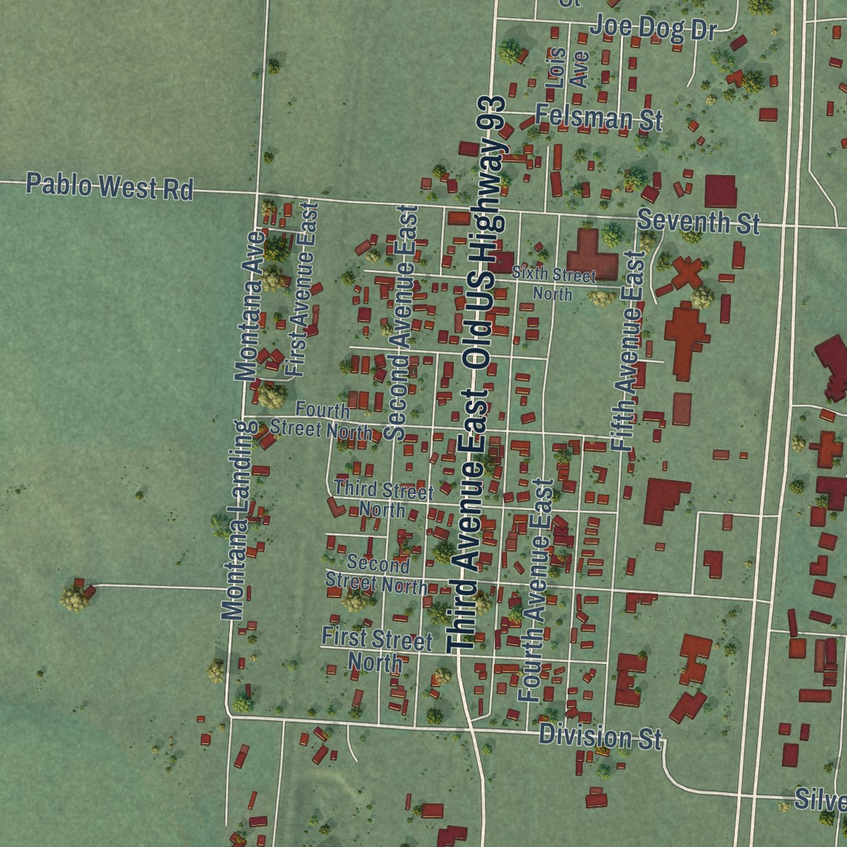 Close-up of the map of Pablo, Montana print showing street and building detail