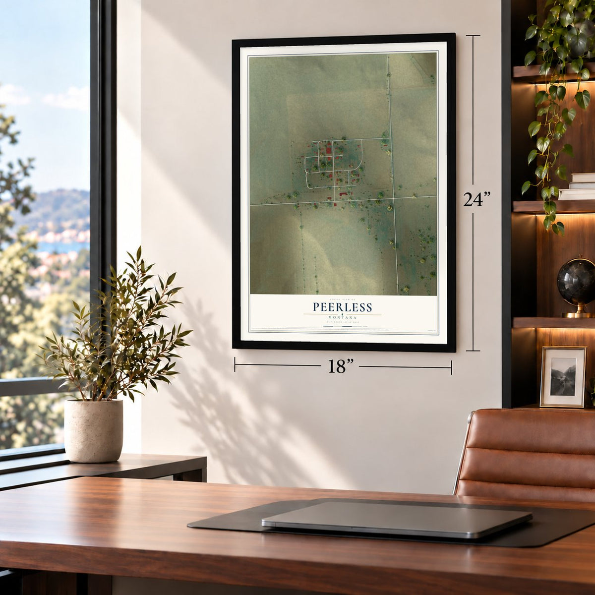 Peerless, Montana map, 18 x 24 inch print in a black frame in a home office