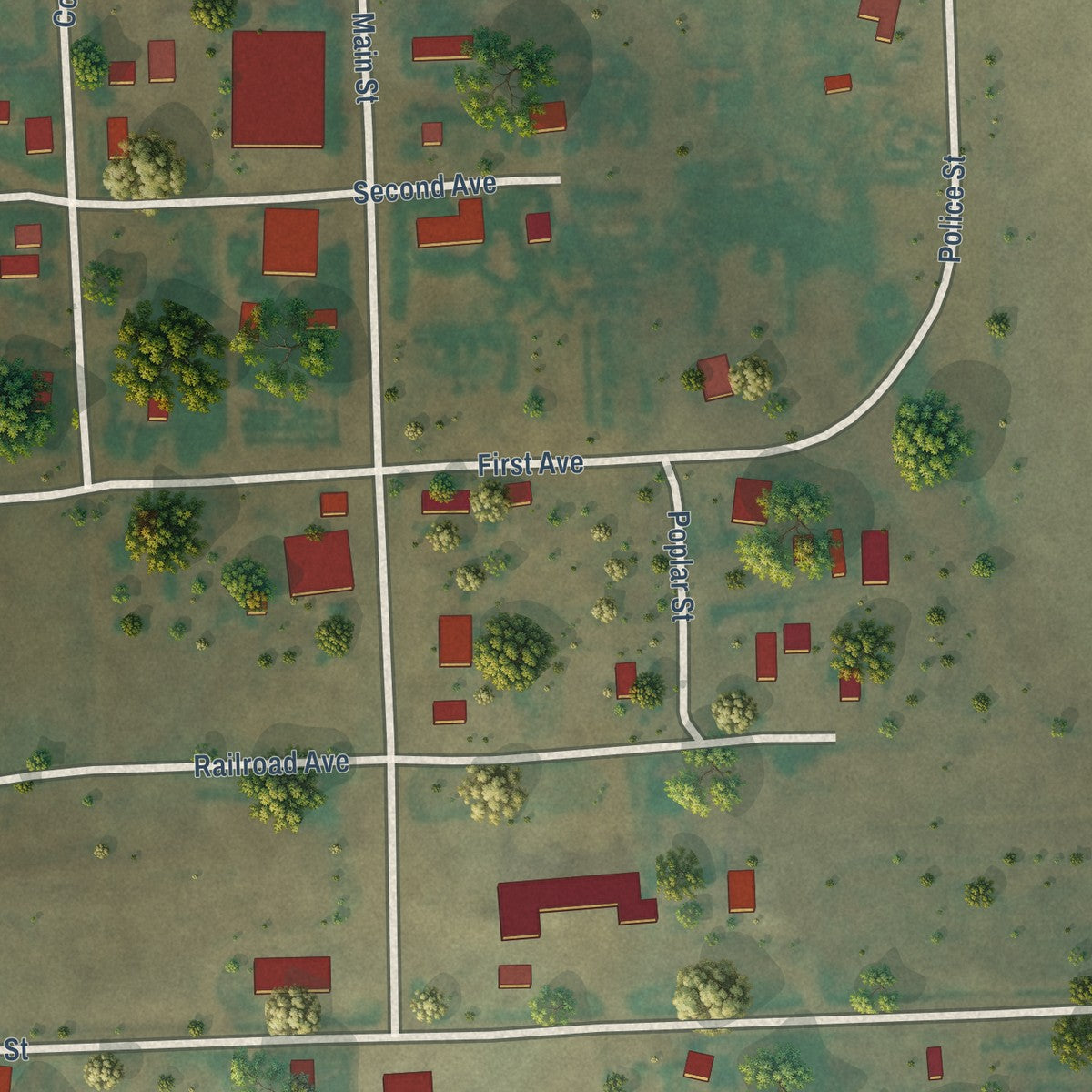 Close-up of the map of Peerless, Montana print showing street and building detail