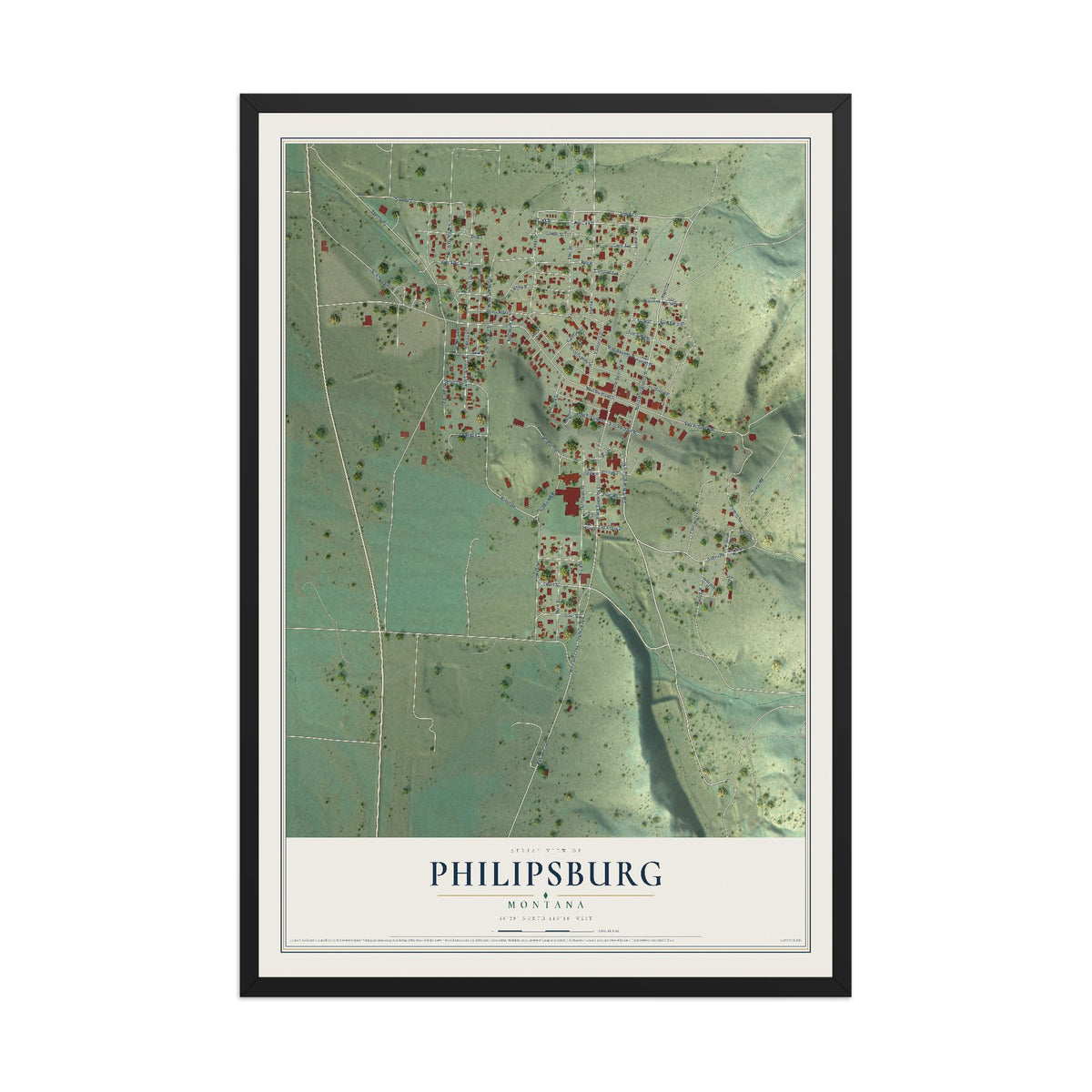 Map of Philipsburg, Montana, 12 x 18 inch print in a black wood frame