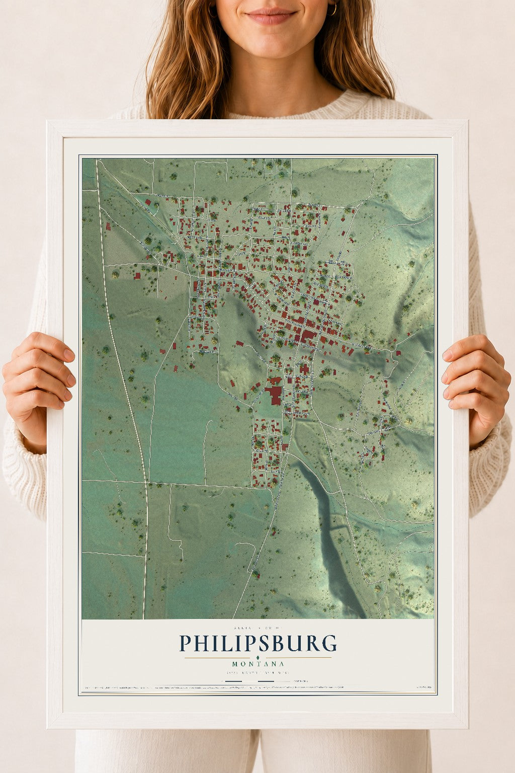 Map of Philipsburg, Montana, 18 x 24 inch print in a white wood frame