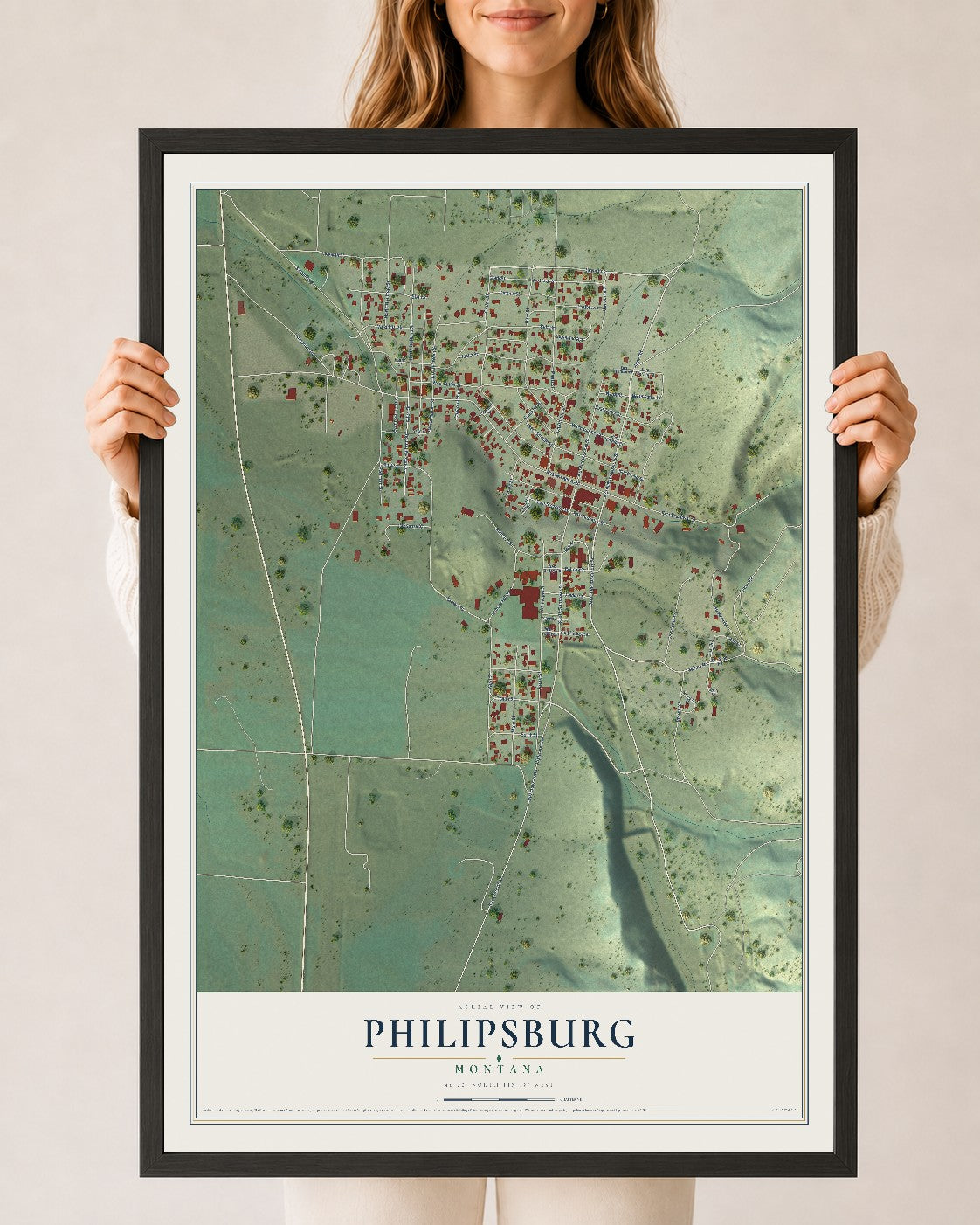 Map of Philipsburg, Montana, 24 x 36 inch print in a black wood frame