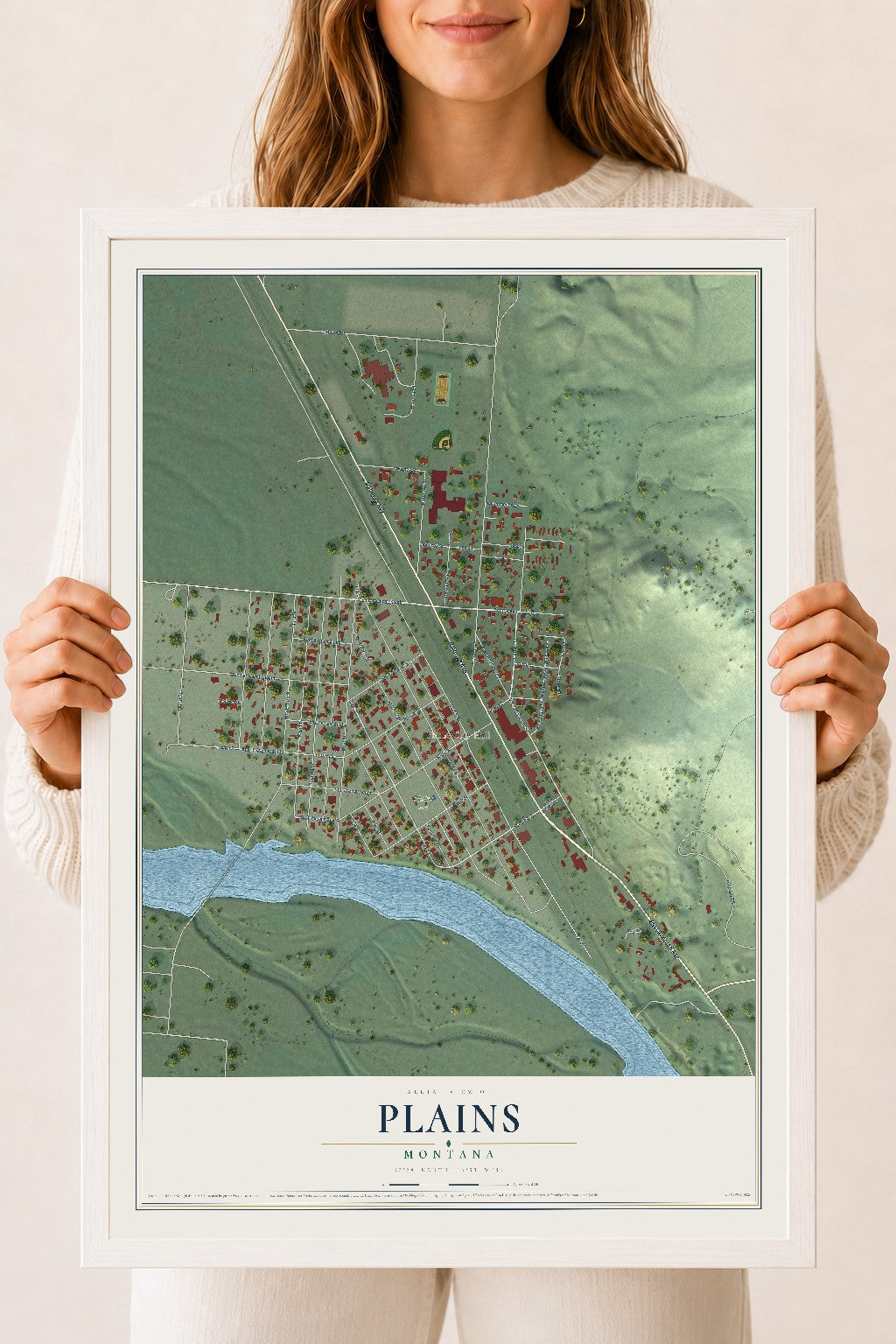 Map of Plains, Montana, 18 x 24 inch print in a white wood frame