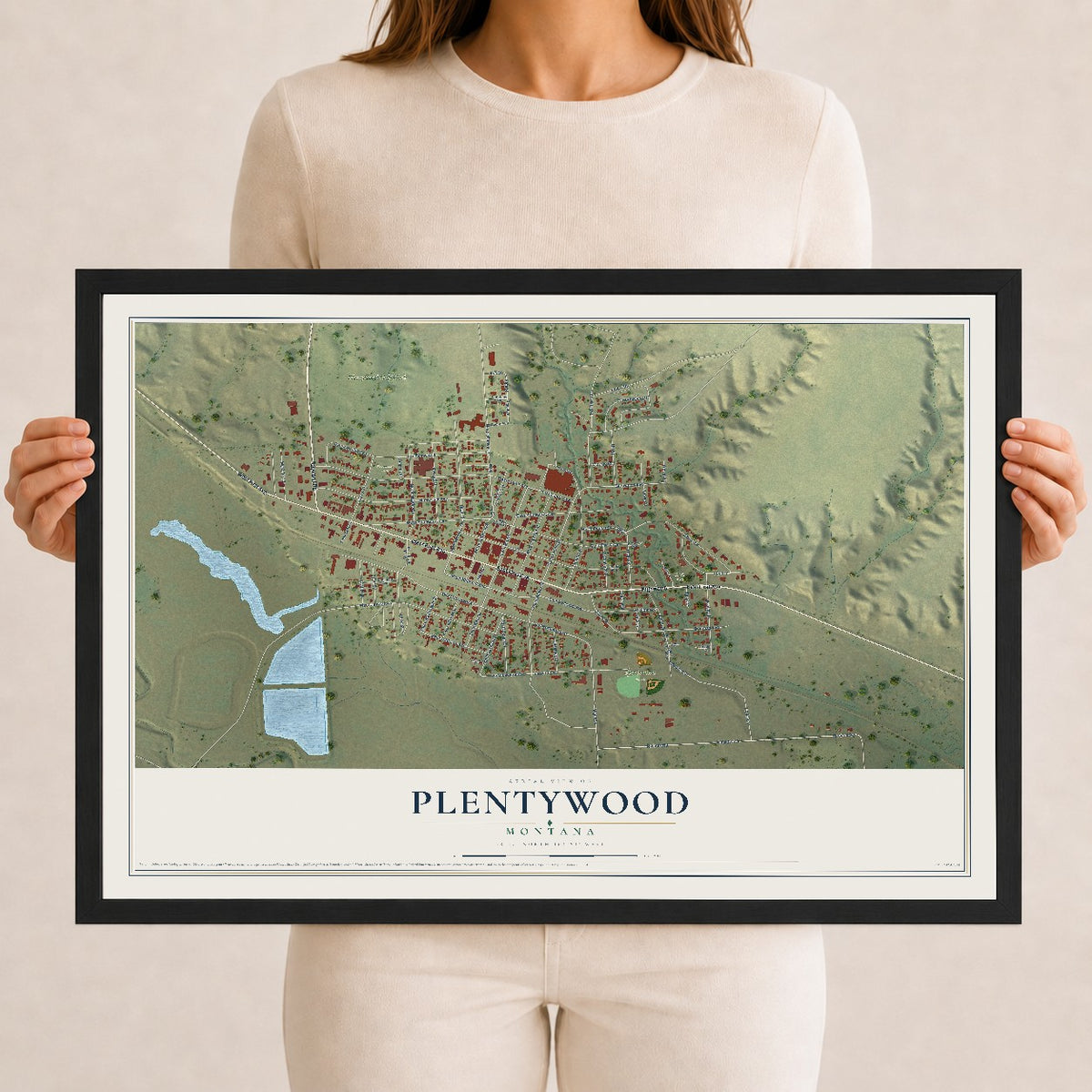 Map of Plentywood, Montana, 12 x 18 inch print in a black wood frame