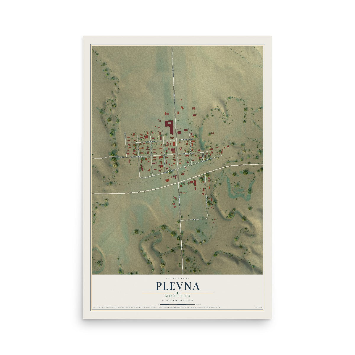 Map of Plevna, Montana, 12 x 18 inch unframed archival matte print