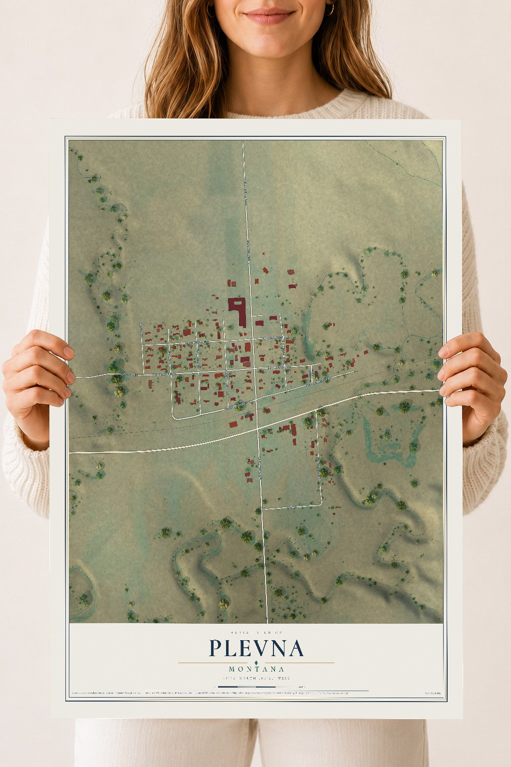 Map of Plevna, Montana, 18 x 24 inch unframed archival matte print