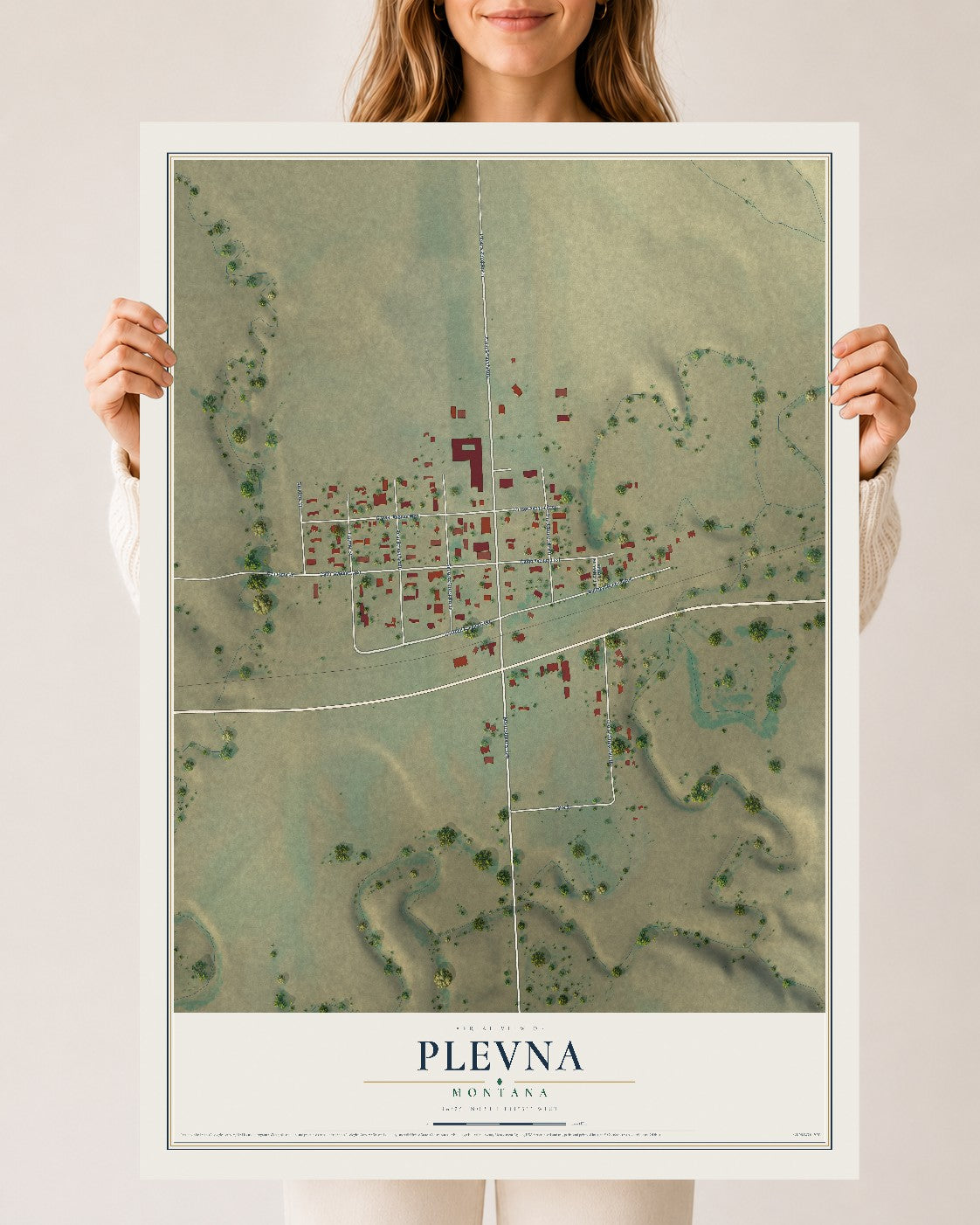 Map of Plevna, Montana, 24 x 36 inch unframed archival matte print