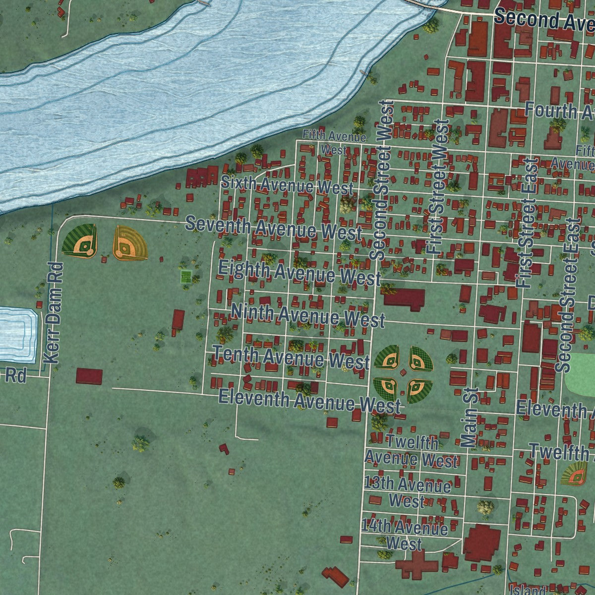 Close-up of the map of Polson, Montana print showing street and building detail