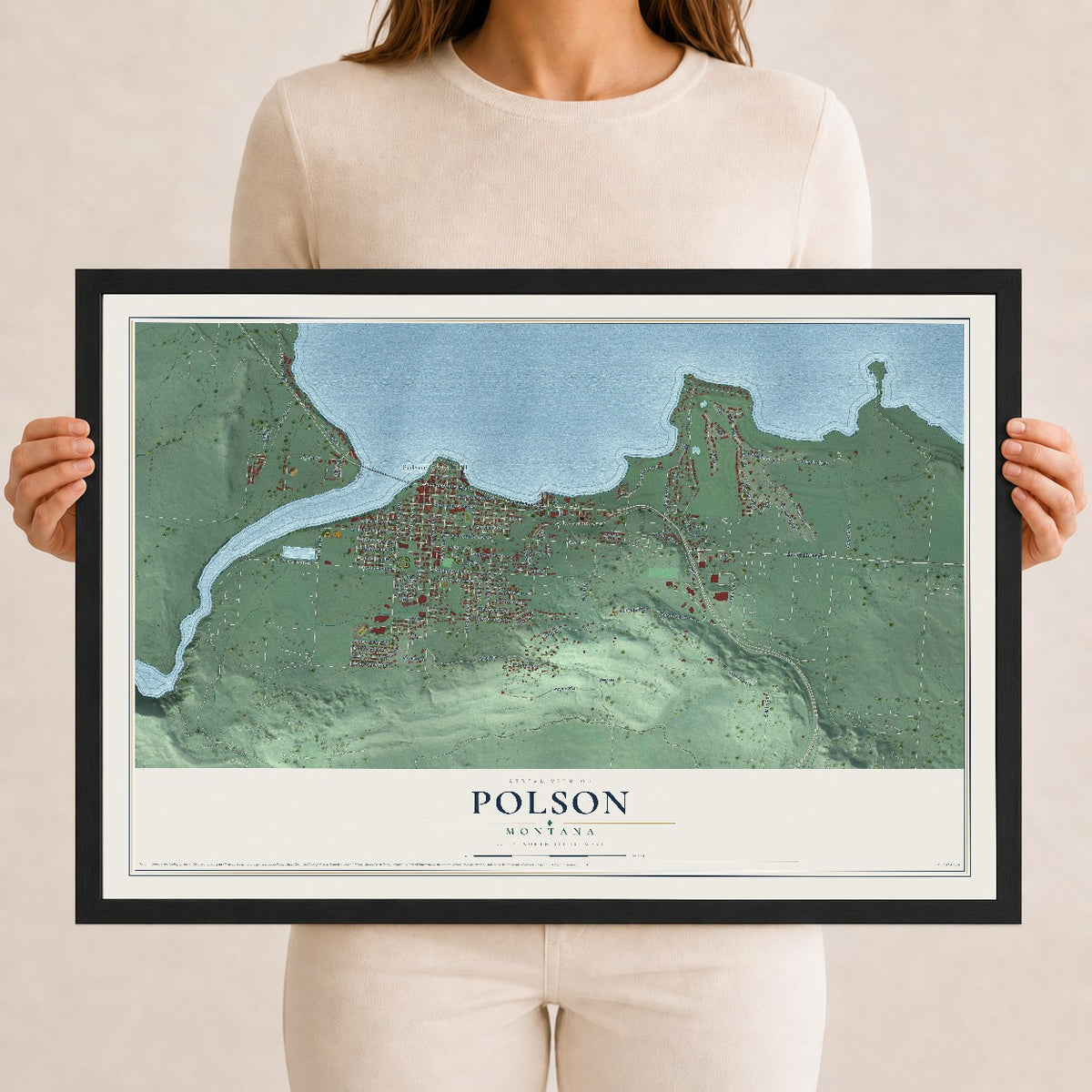 Map of Polson, Montana, 12 x 18 inch print in a black wood frame
