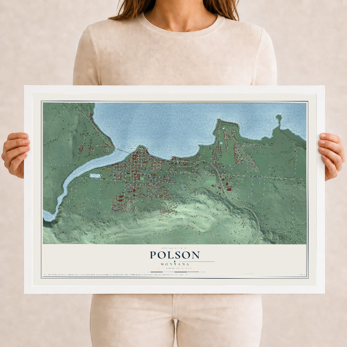 Map of Polson, Montana, 12 x 18 inch print in a white wood frame