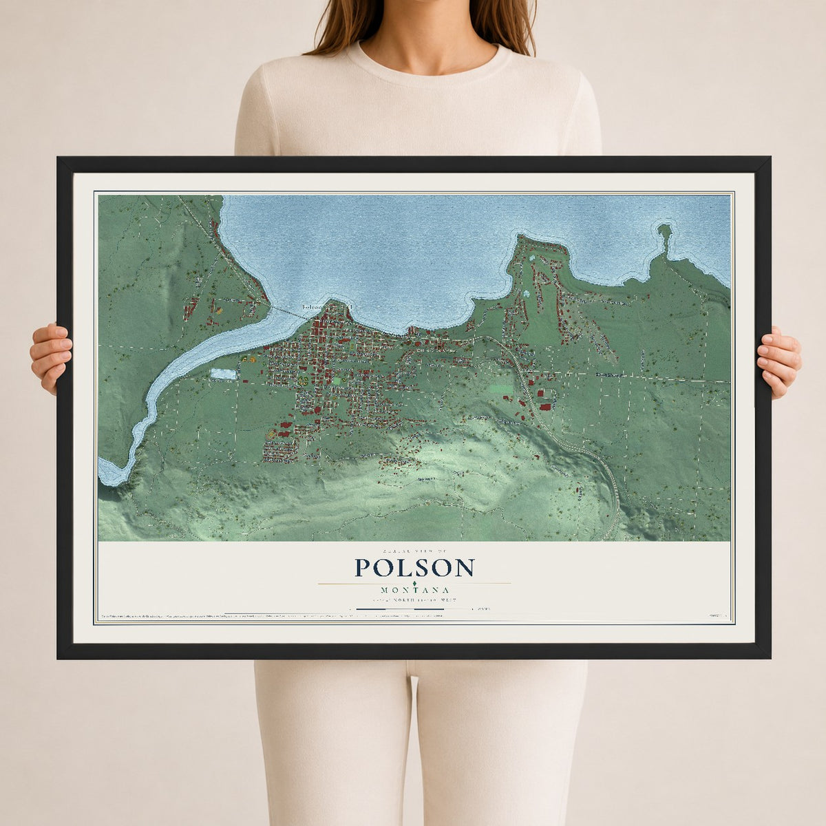 Map of Polson, Montana, 24 x 36 inch print in a black wood frame