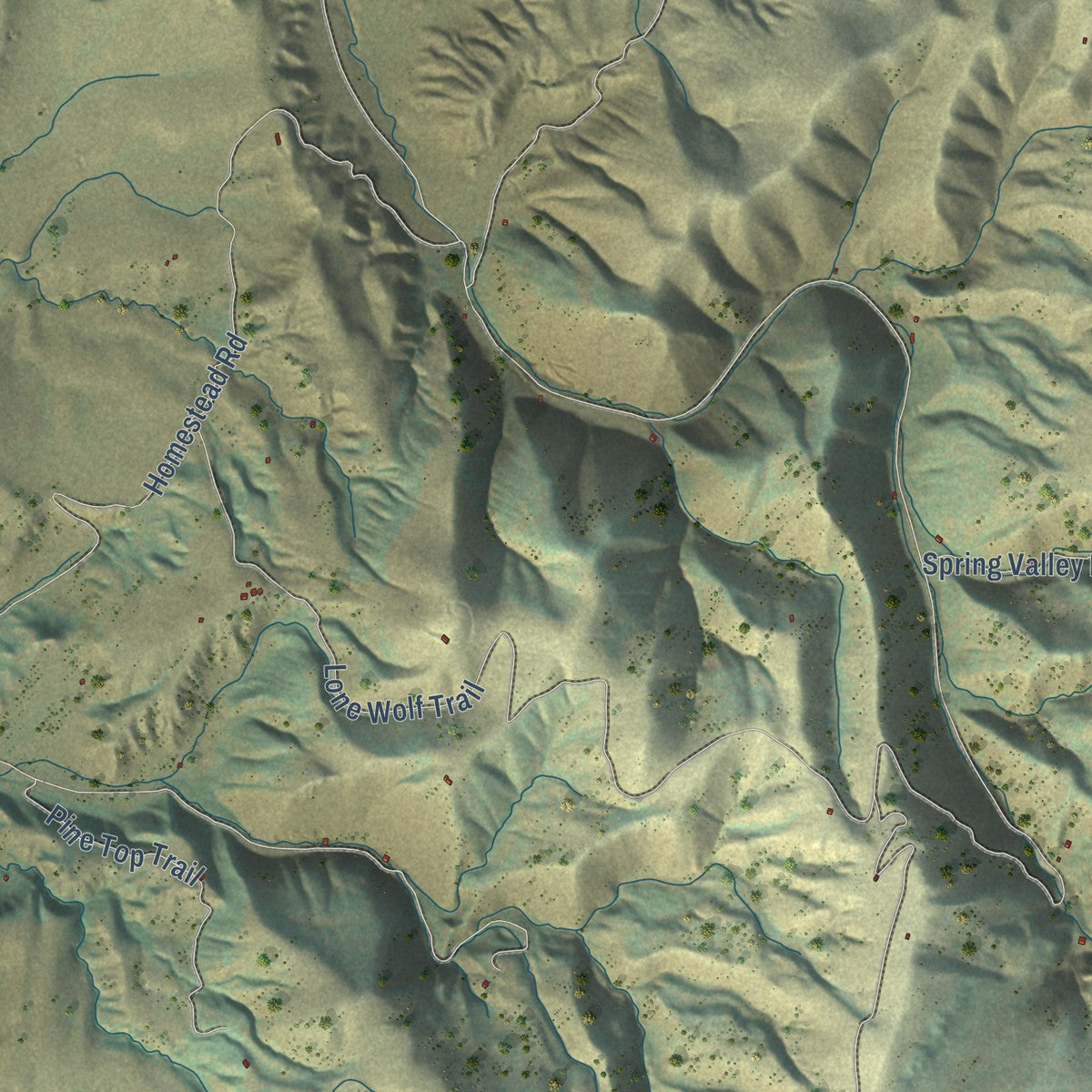Close-up of the map of Ponderosa Pines, Montana print showing street and building detail