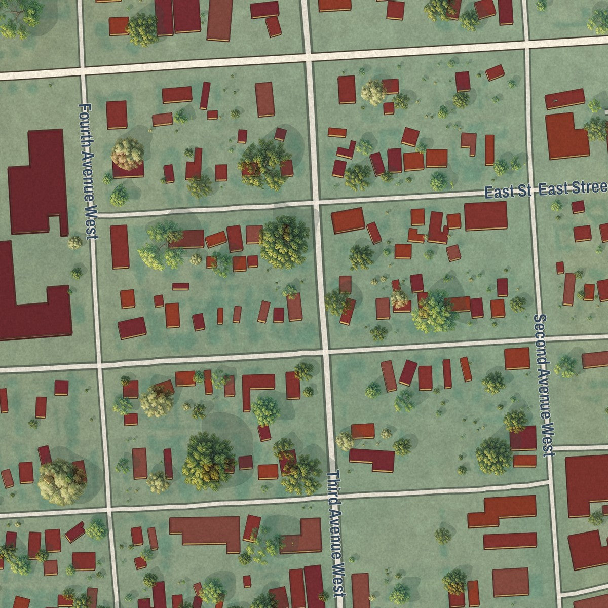 Close-up of the map of Poplar, Montana print showing street and building detail