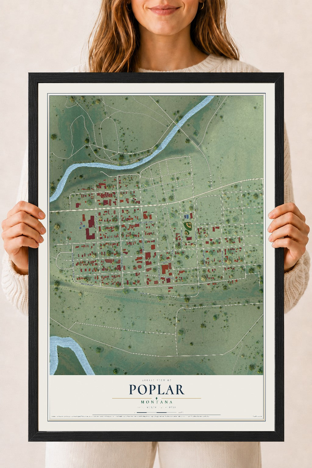 Map of Poplar, Montana, 18 x 24 inch print in a black wood frame