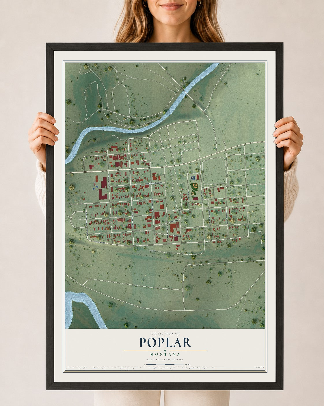 Map of Poplar, Montana, 24 x 36 inch print in a black wood frame