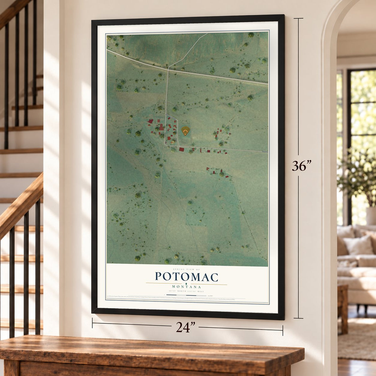 Potomac, Montana map, 24 x 36 inch print in a black frame by a staircase